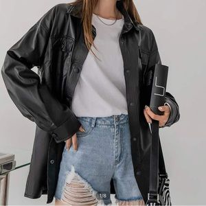 Pu Leather Drop Shoulder Coat